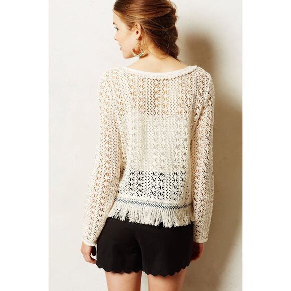 Anthropologie Akemi + Kin Open Knit Crochet Fringe Boho Franja Pullover Blouse - Picture 4 of 12